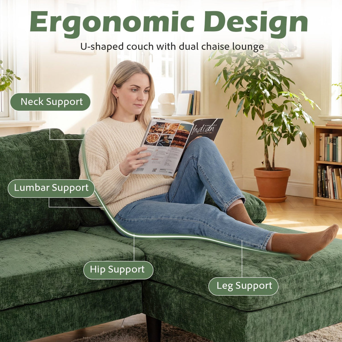 U-shaped Sectional Couch with Double Chaise for Living Room-Green view 7