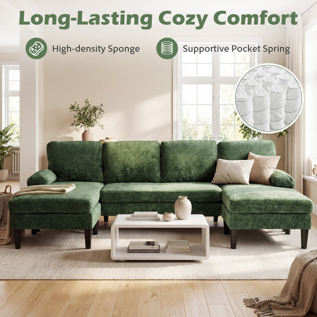 U-shaped Sectional Couch with Double Chaise for Living Room-Green view 9