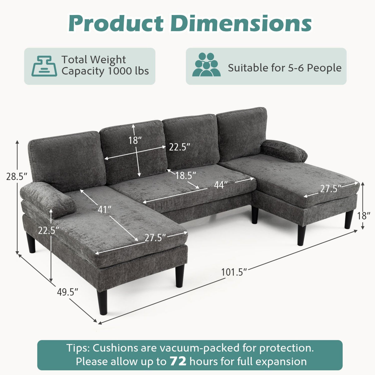 U-shaped Sectional Couch with Double Chaise for Living Room-Grey view 4
