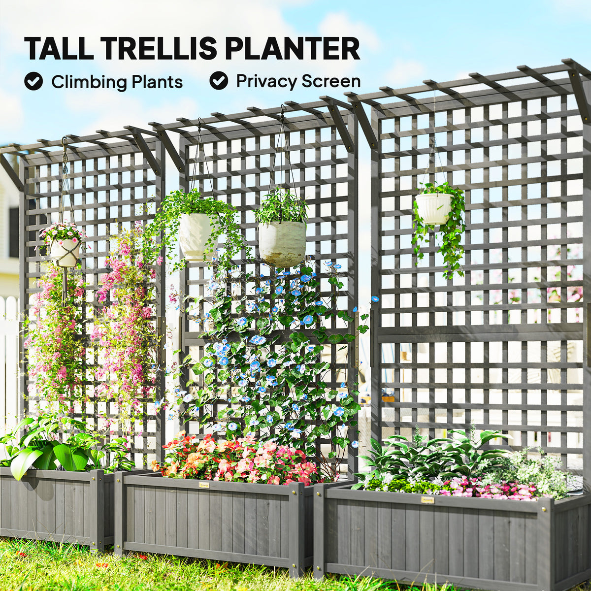 Wood Planter with Trellis for Vine Climbing, Raised Garden Bed, Privacy Screen for Backyard, Patio, Deck, Dark Grey