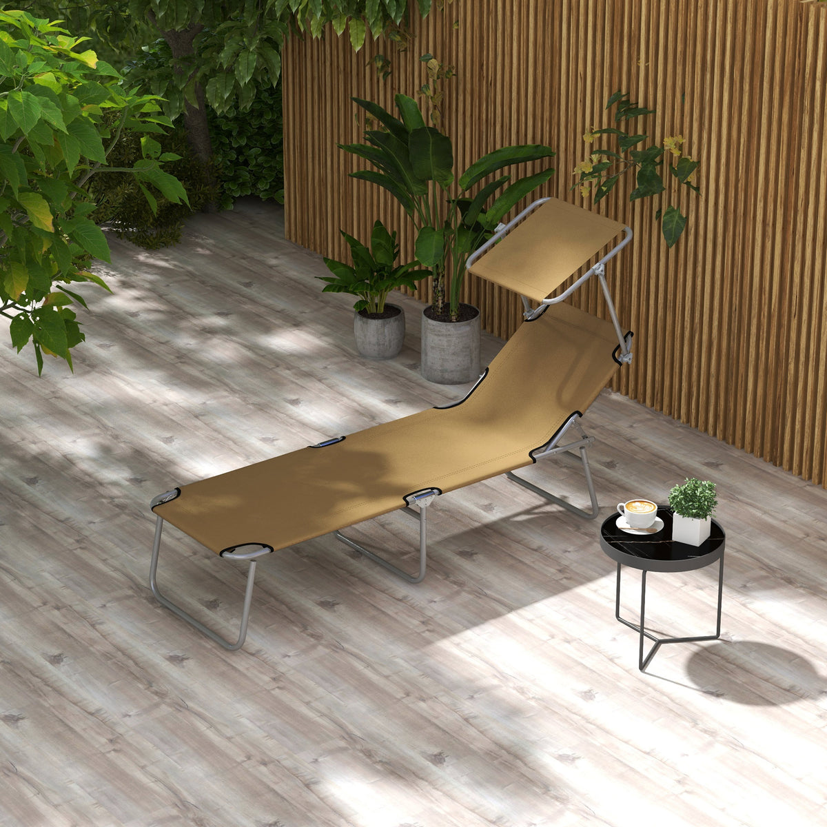Outdoor Lounge Chair, Adjustable Folding Chaise Lounge with Sun Shade for Beach, Camping, Hiking, Brown