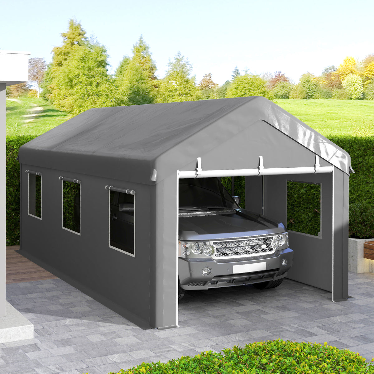 10' x 20' Carport, Heavy Duty Portable Garage with 6 Mesh Windows and 2 Doors, Dark Grey – view 14