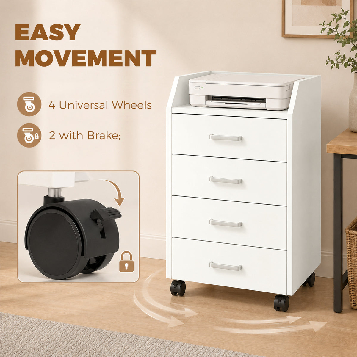 4-Drawer Vertical Mobile Filing Cabinet, File Cabinet with Lockable Wheels for Home Office, White