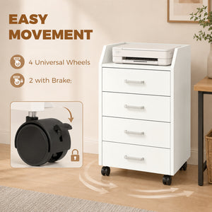 4-Drawer Vertical Mobile Filing Cabinet, File Cabinet with Lockable Wheels for Home Office, White