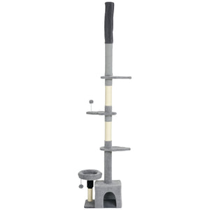 Floor to Ceiling Cat Tree, 4 Tiers Tall Kitty Climbing Tower with Scratching Post, Adjustable Height 87-100"