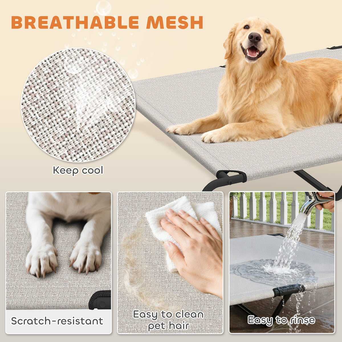 Elevated Dog Bed, Outdoor Dog Cot, Raised Dog Bed for Large Dogs with Breathable Mesh, Beige – view 4