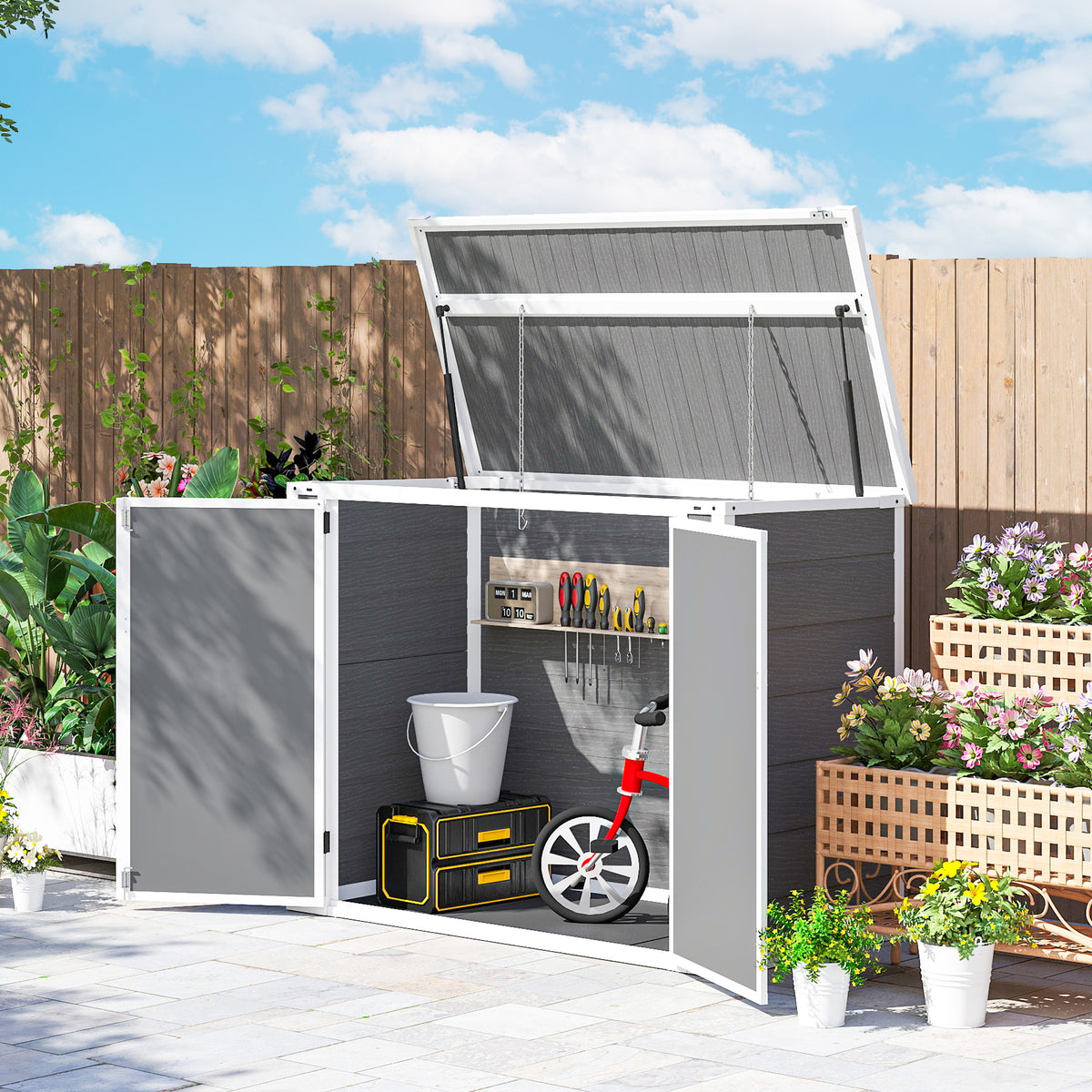 41 Cu. Ft. Outdoor Storage Shed, Outdoor Horizontal Trash Can Storage with Chain Lid, Lockable Storage Box – view 3