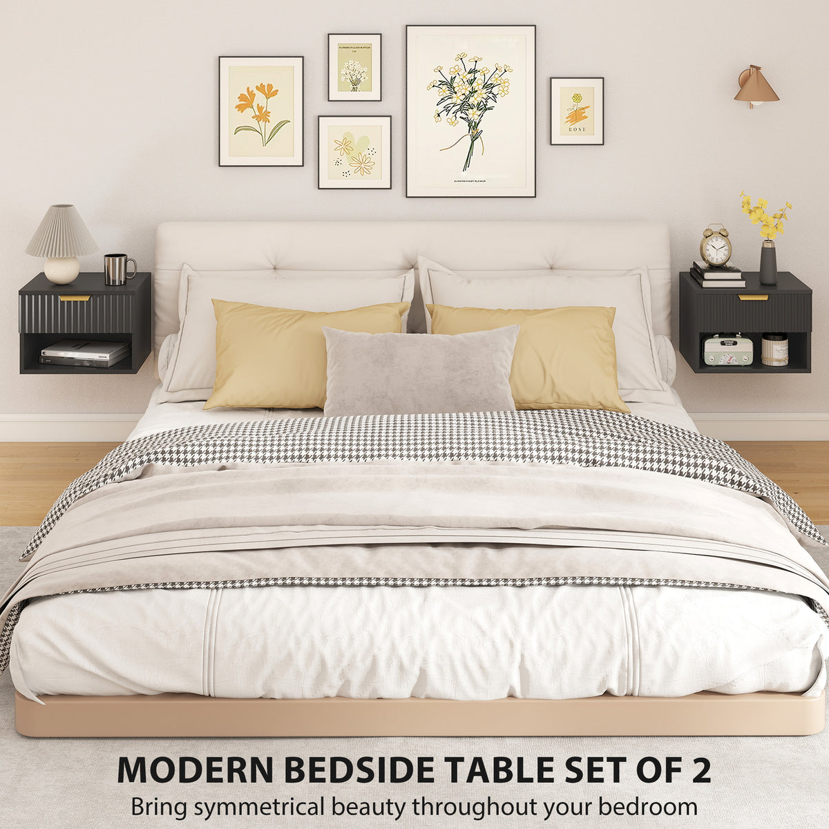 Floating Nightstands, Wall Mounted Bedside Tables Set of 2 with Drawer and Open Shelf, Black – view 3