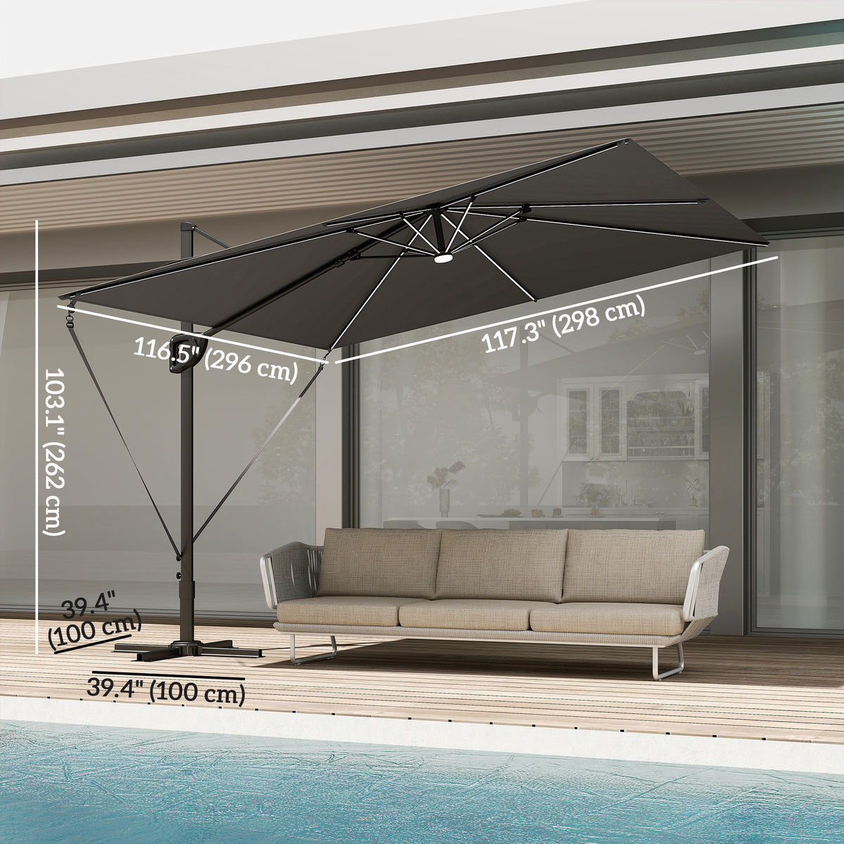 10 x 9.7 ft Offset Cantilever Patio Umbrella with Lights, Wind Rope, UPF50+ Outdoor Cantilever Parasol, Dark Grey