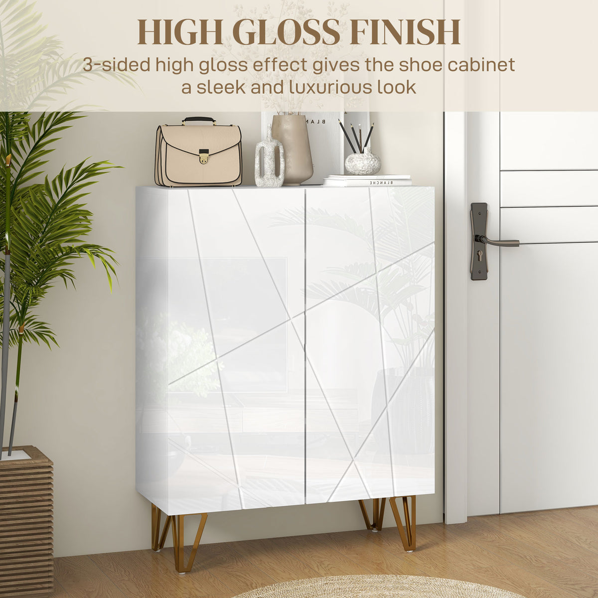 Narrow Shoe Storage Cabinet with Soft-Close Hinges and Adjustable Shelves for 15-20 Pairs of Shoes, High Gloss White