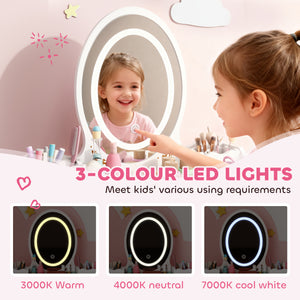 Qaba Kids Vanity Set with Mirror, Stool, 3-Colour LED Lights, Girls Dressing Table Pretend Play for Kids Room, Pink