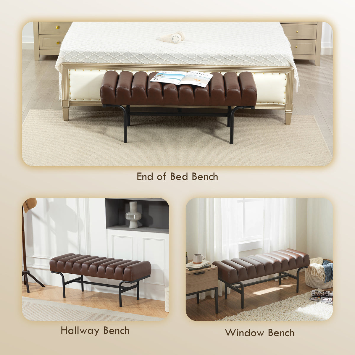 Bedroom Bench PU Leather End of Bed Bench with Cylindrical Seat and Metal Legs for Bedroom Living Room – view 12