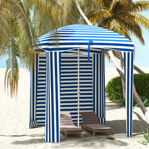 70.1" L x 70.1" W Cabana Umbrella with Walls, Vents, Ruffles, Carry Bag, Beach Umbrella, Blue White Stripe