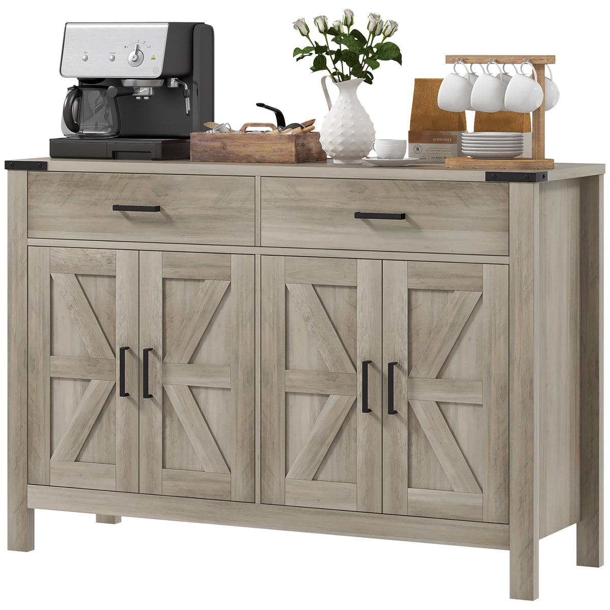 Side Cabinet, Farmhouse Kitchen Storage Cabinet w/ 2 Drawers and Shelves for Living Room, Entryway, Grey – view 4