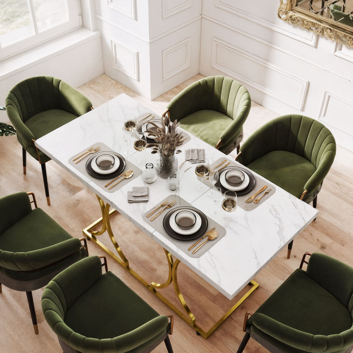 59-Inch Dining Table for 6, Modern Marble-Pattern Kitchen Dinner Table with Metal Pedestal for Home, Dining Room, White
