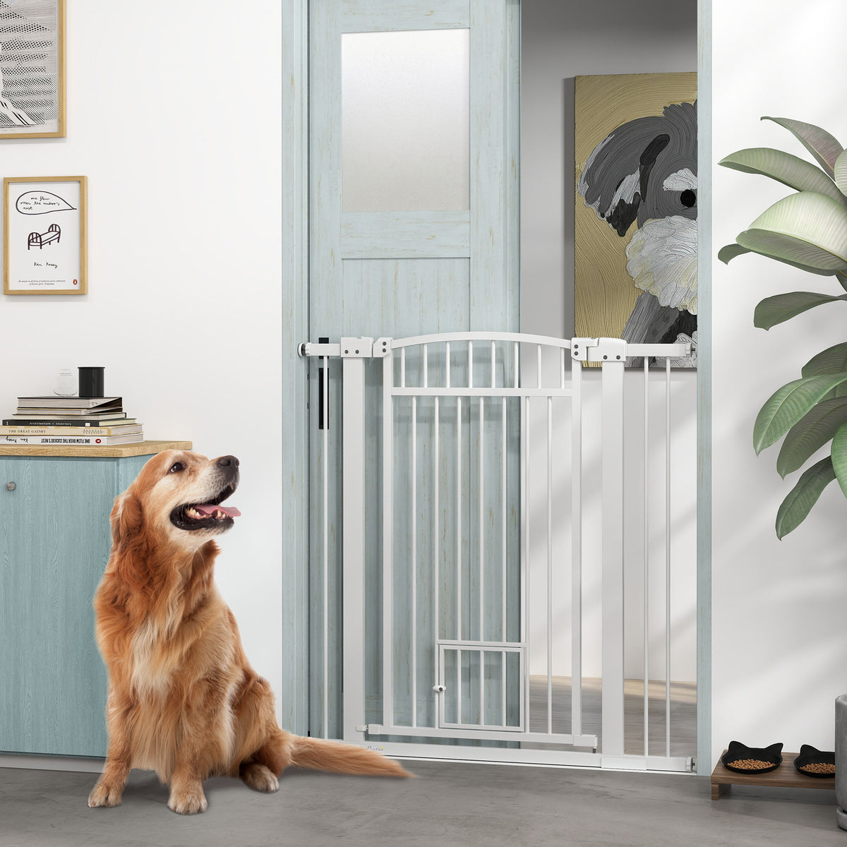 30"-41" Extra Wide Pet Gate with Small Door, 30" H Dog Gate with 3-Inch and 5.5-Inch Extension Kit