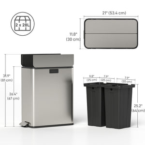 Dual Trash Can with Soft-Close Lid, Garbage Can with Removable Inner Bucket for Kitchen 2 x 7.4 Gal (2 x 28 L), Silver