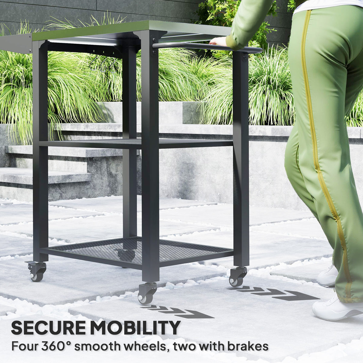 3-Shelf Outdoor Grill Cart Table with Side Handle, Stainless Steel Pizza Oven Stand on Wheels, Black – view 13