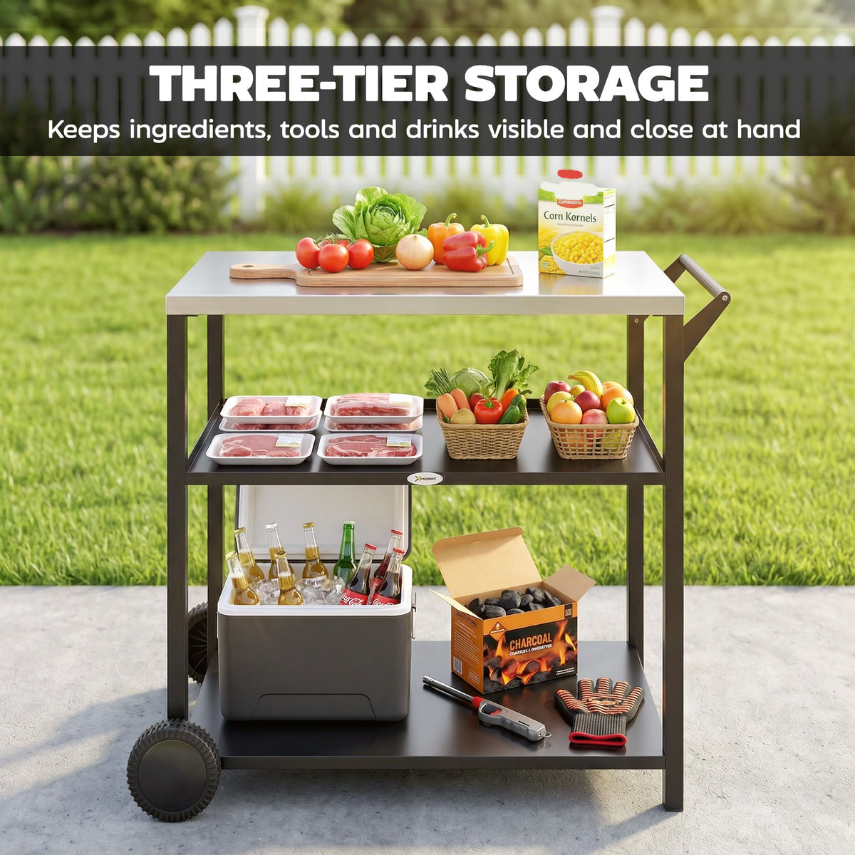 Outdoor Grill Cart with Stainless Steel Top, Three-Tier Pizza Oven Stand, BBQ Cart on Wheels, Black