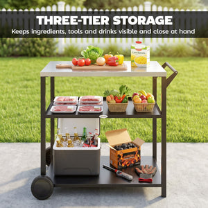 Outdoor Grill Cart with Stainless Steel Top, Three-Tier Pizza Oven Stand, BBQ Cart on Wheels, Black