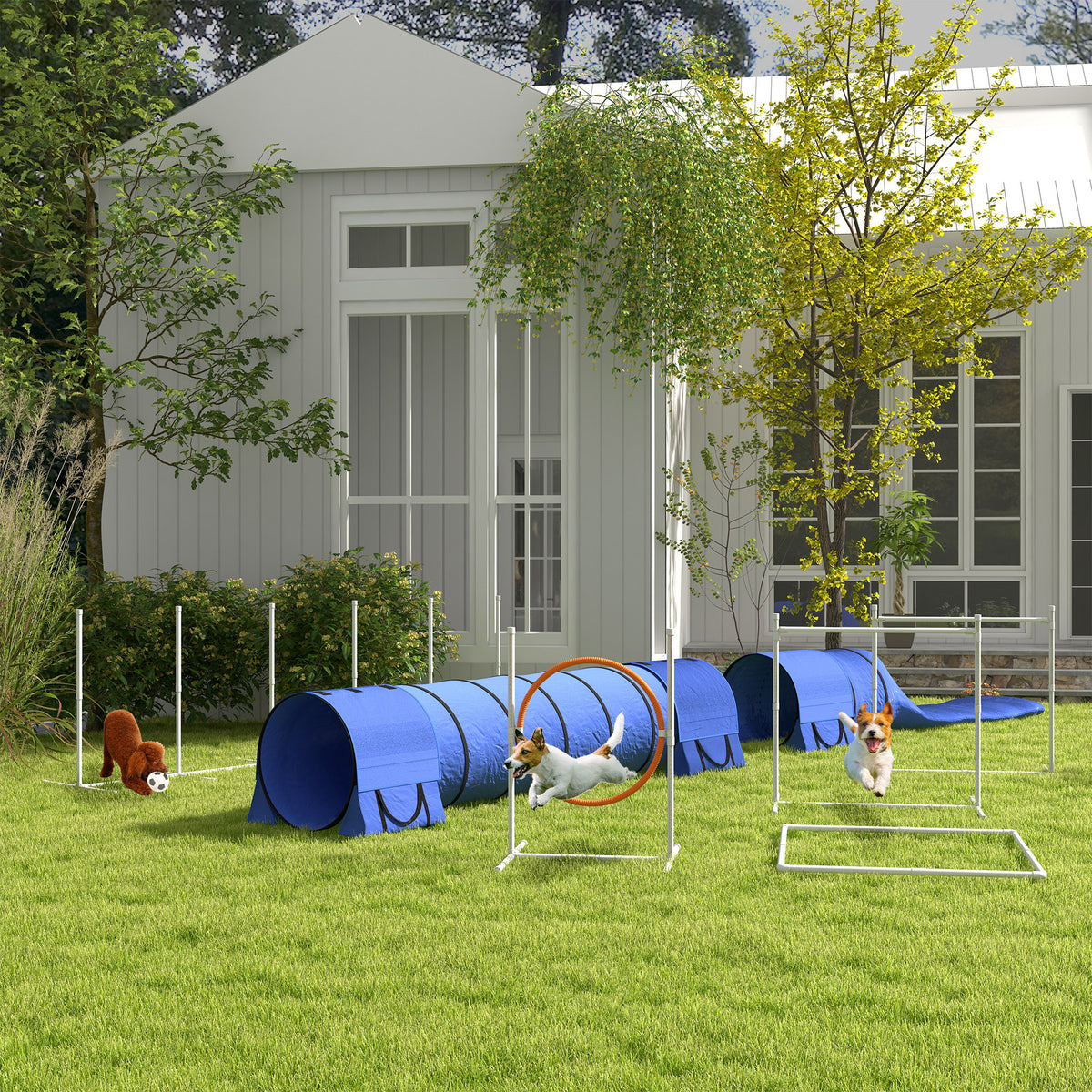 7 Pcs Dog Agility Kit w/ Tunnels, Weave Poles, Adjustable Hurdles, Jump Ring, Pause Box, Whistle, Carry Bag, Blue
