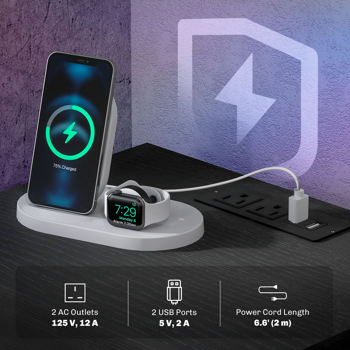 Bedside Table with Charging Station and LED Light Modern Nightstand with USB Ports AC Outlets Drawers – view 4