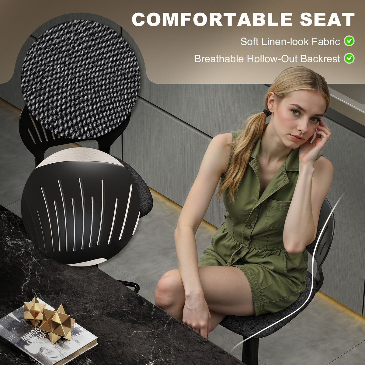 Bar Stools Set of 2, Modern Swivel Counter Height Barstools with Footrest and Hollow Backrest, Black