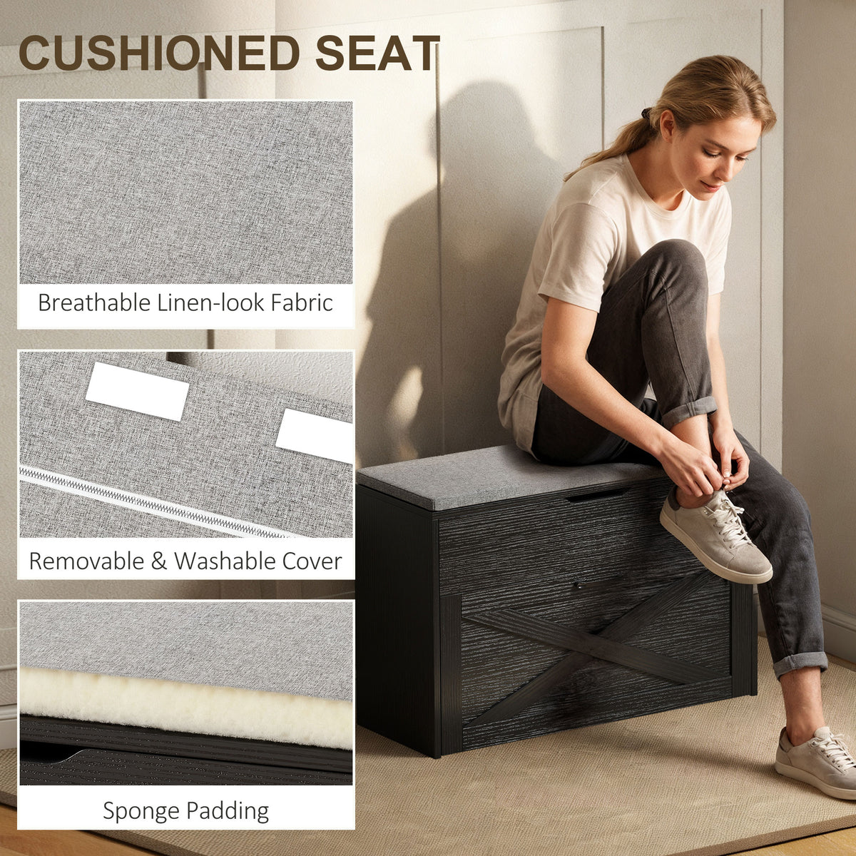 Shoe Storage Bench with Flip Drawer and Lift Top Storage, Entryway Bench with Seat Cushion for Hallway – view 6