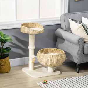 28" Cat Tree with Scratching Post, Cat Tower with Double Beds, Beige