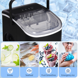 Portable Ice Maker Countertop with Handle, Self Cleaning Ice Maker Machine with Scoop and Basket, 26lbs/24Hrs, Black