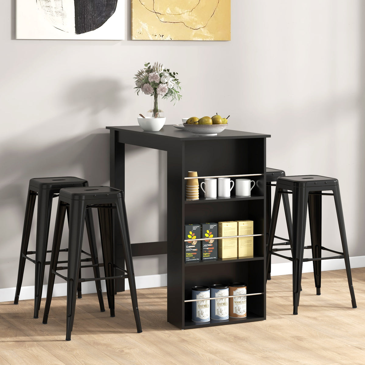 Bar Table Counter Height Dining Table with 3 Storage Shelves for Kitchen, Dining Room, Living Room, Natural