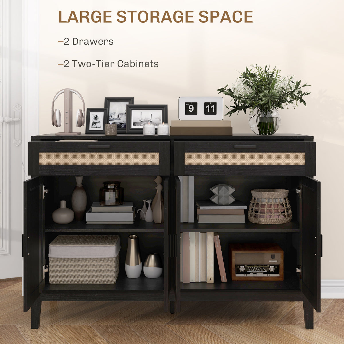 Kitchen Sideboard Cabinet, Boho Buffet Table with Decorative Rattan Doors and Drawers for Dining Room, Black