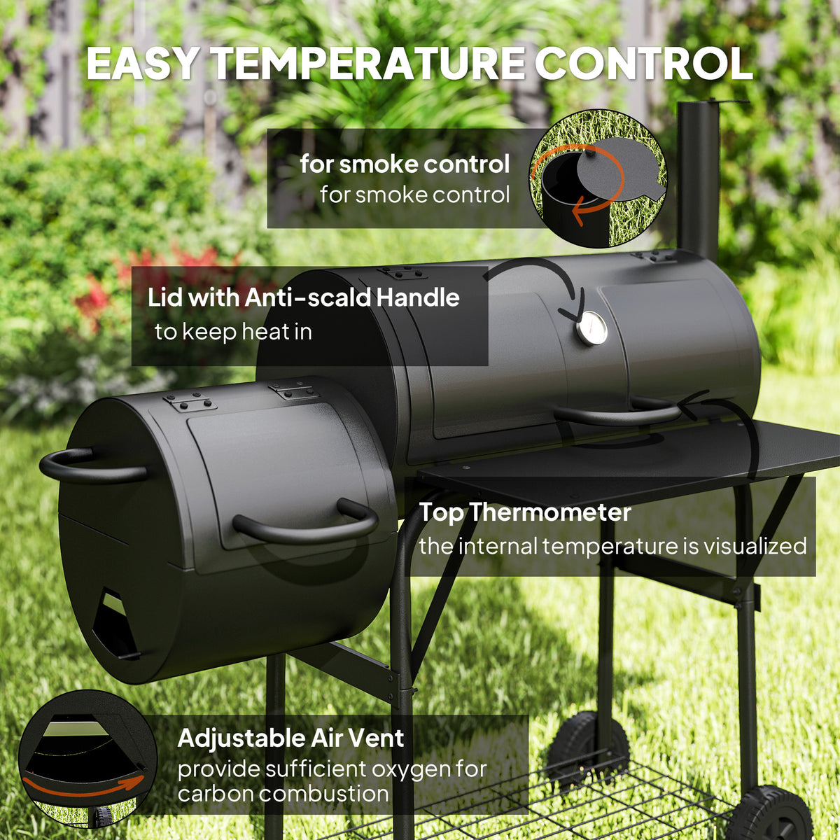 Portable Outdoor Charcoal BBQ Grill with Offset Smoker, Barbecue Grill with Spacious Cooking Area, 2 Shelves, Thermometer, Wheels for Patio Backyard Party, Black