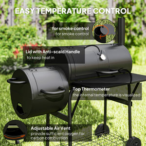 Portable Outdoor Charcoal BBQ Grill with Offset Smoker, Barbecue Grill with Spacious Cooking Area, 2 Shelves, Thermometer, Wheels for Patio Backyard Party, Black