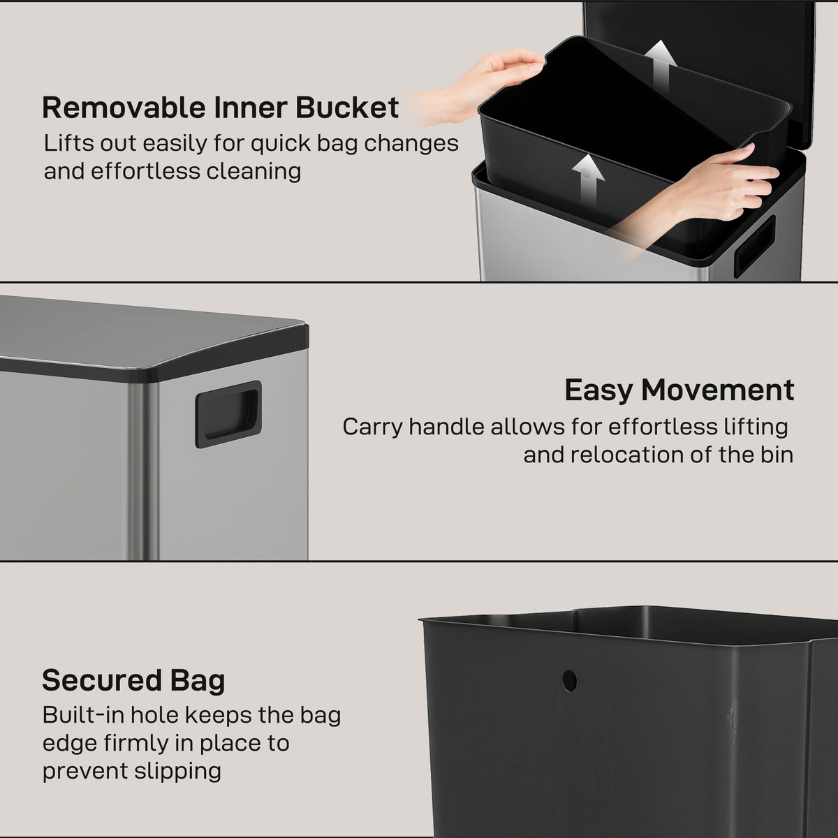 Trash Can with Soft-Close Lid, Garbage Can with Removable Inner Bucket for Kitchen 13.2 gal/50 L, Silver