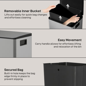 Trash Can with Soft-Close Lid, Garbage Can with Removable Inner Bucket for Kitchen 13.2 gal/50 L, Silver