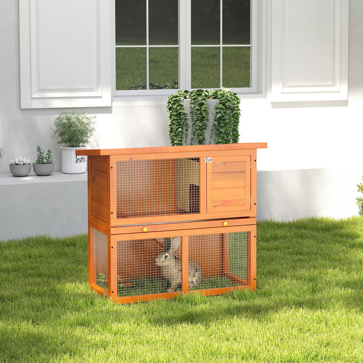 Wooden Rabbit Hutch, Indoor Outdoor Bunny Cage with Run, 2- Level Guinea Pig House with Slide-Out Tray, Waterproof Roof, Yellow