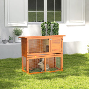 Wooden Rabbit Hutch, Indoor Outdoor Bunny Cage with Run, 2- Level Guinea Pig House with Slide-Out Tray, Waterproof Roof, Yellow