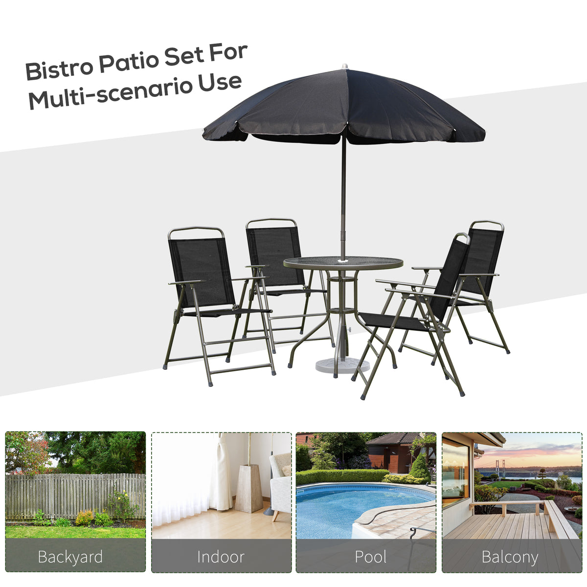6 Pieces Outdoor Dining Set for 4 with Umbrella Patio Outdoor Furniture Set with Round Table 4 Folding Chairs Cream