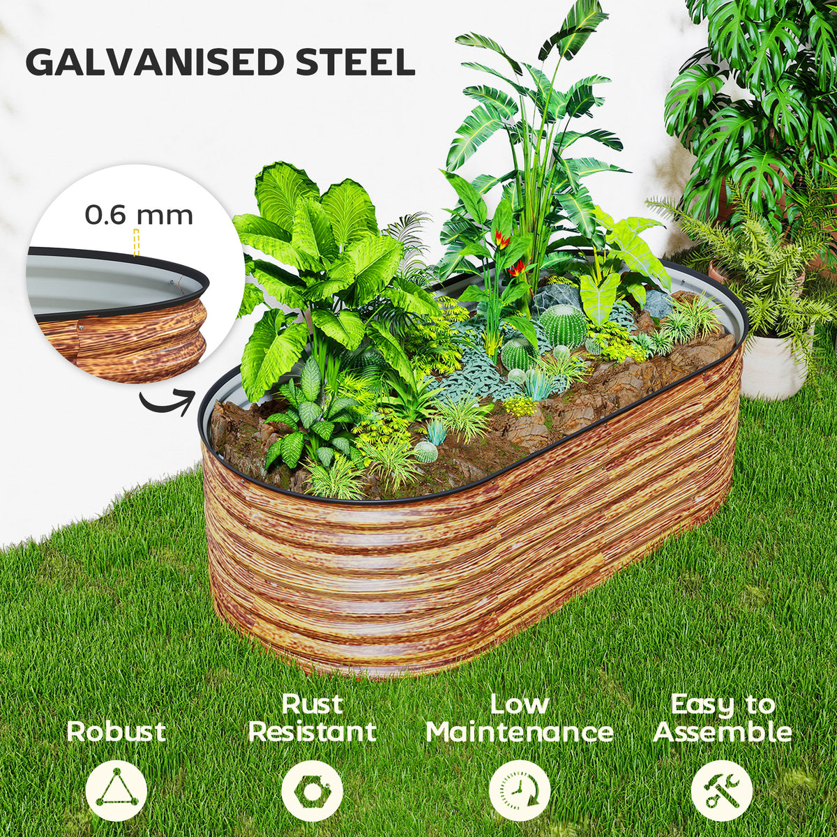 5 x 2.5 x 2 ft Galvanized Raised Garden Bed, Easy DIY Oval Planter Box with Safety Edging and Gloves, Brown Wood Effect