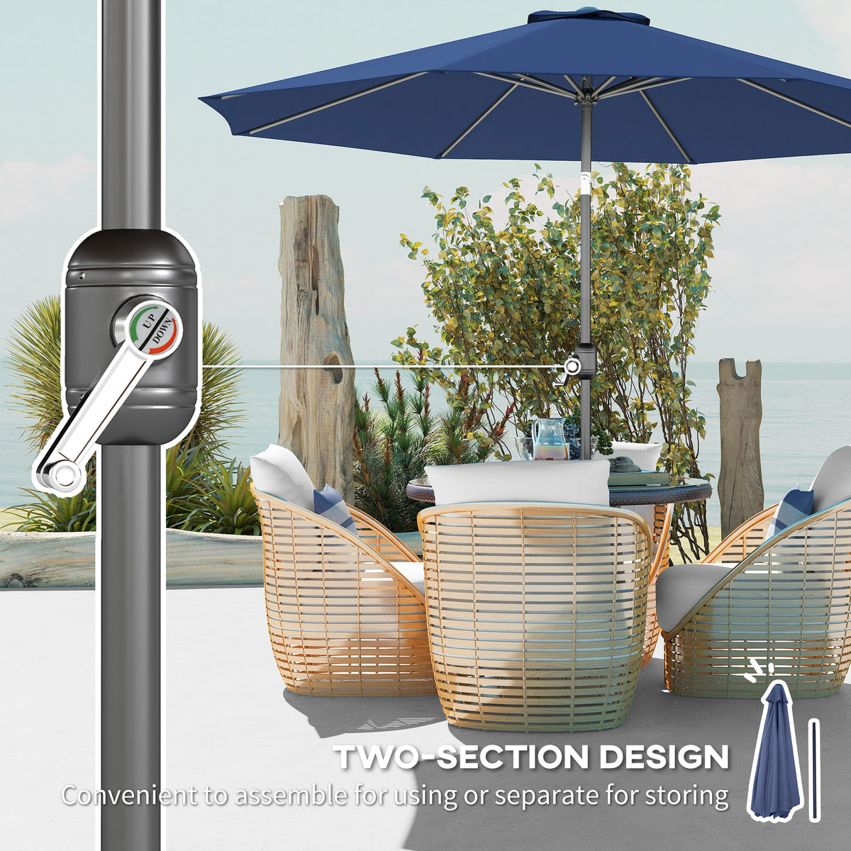 10' x 8' Round Market Umbrella, Patio Umbrella with Crank Handle and Tilt, Outdoor Parasol for Garden, Blue – view 5