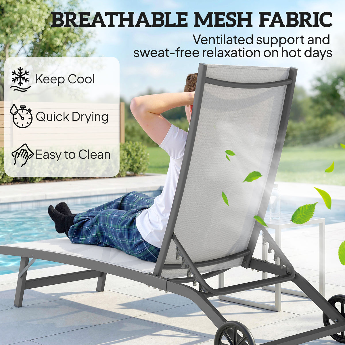 Outdoor Lounge Chair Set of 2, Tanning Chair with Wheels, Breathable Mesh for Patio, Backyard, Poolside – view 13