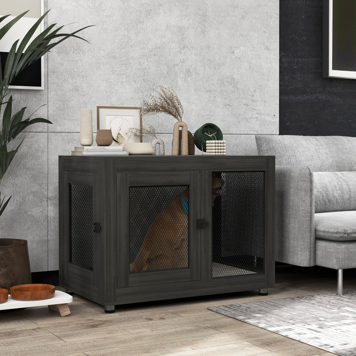 Pet Crate End Table with Water-resistant Cushion or Large Medium Dogs, Black – view 7