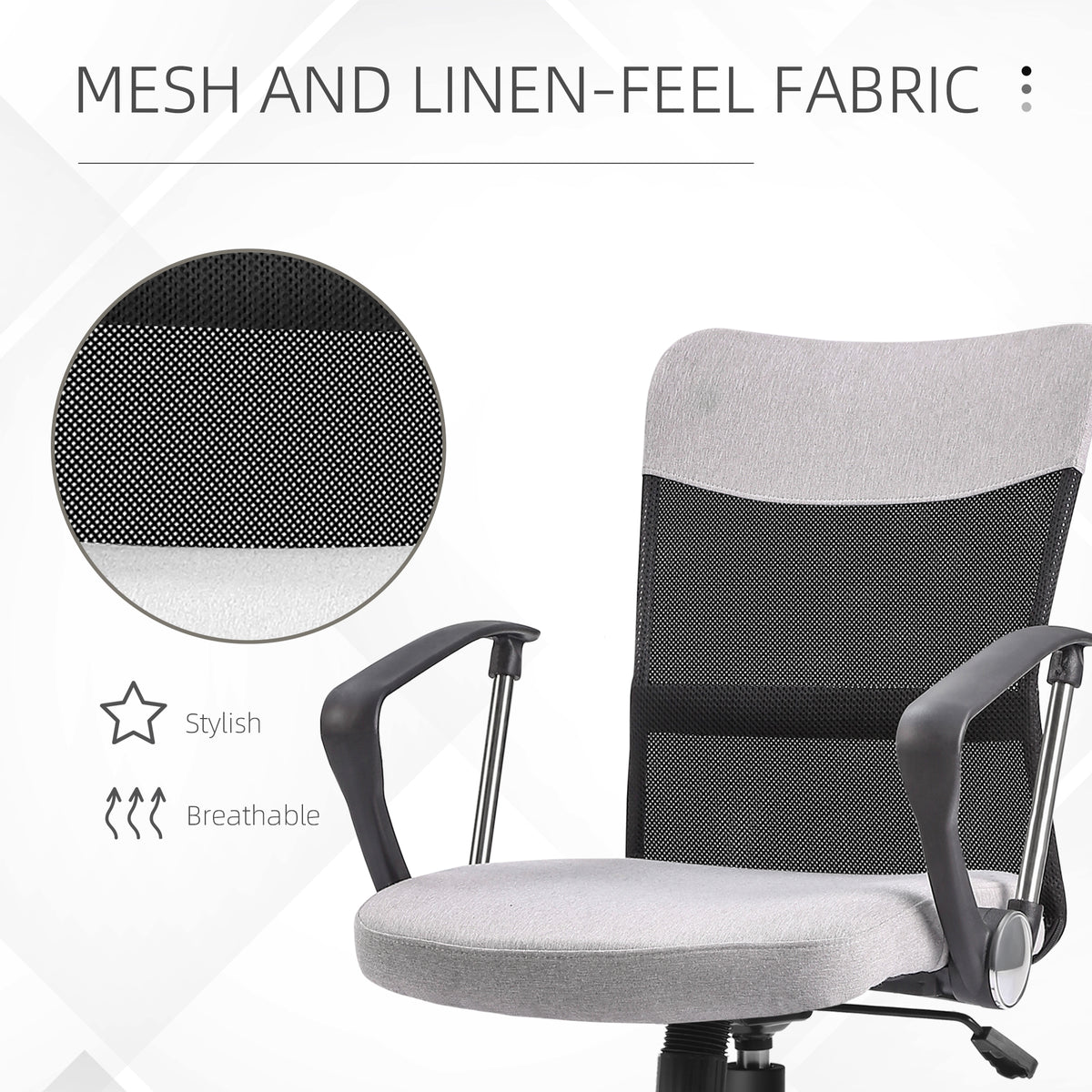 Mid Back Office Chair, Linen Adjustable Office Chair with Lumbar Back Support, Arm, Adjustable Height, Grey