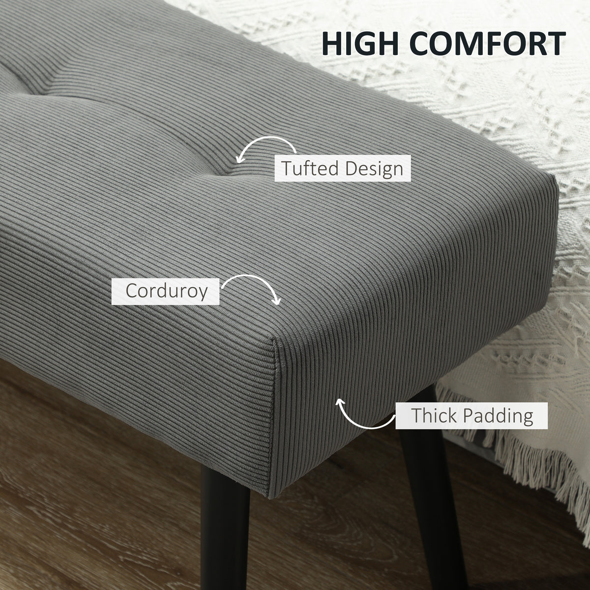 39" Upholstered Ottoman Bench, Corduroy Entryway Bedroom Bench with Padded Seat and Steel Legs for Bedroom – view 17
