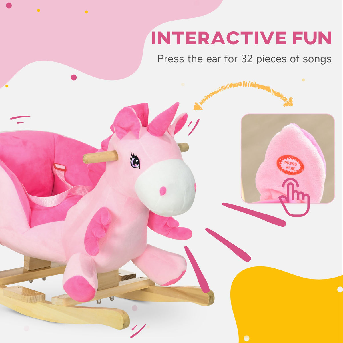 Qaba Baby Rocking Horse, Plush Animal Rocker for Toddlers Aged 18-36 Months, Stuffed Ride Toy with Sounds, Seat Belt, Pink