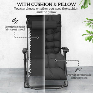 Folding Garden Chair, Reclining Zero Gravity Chair, Sun Lounger with Cushion and Headrest, Black