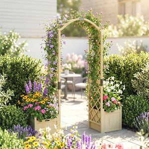 Wooden Garden Arch with 2 Planter Boxes, Arch Trellis for Climbing Plants, Decorative Arbor Archway, Natural Wood