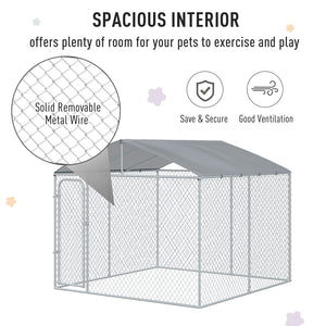 Dog Kennel Outdoor Run Fence with Roof, Steel Lock, Mesh Sidewalls for Backyard & Patio, 9.8' x 9.8' x 7.7'