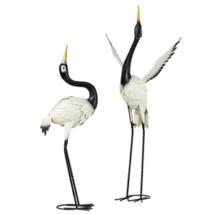 Set of 2 Garden Sculptures Heron Statues Lawn Patio Backyard Ornaments, 35.4"-40.6", White and Black